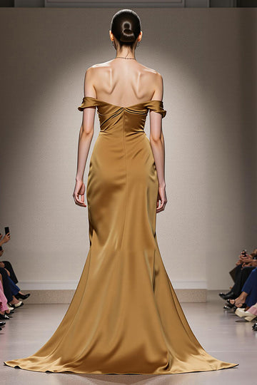 Yellow Mermaid Satin Off the Shoulder Long Formal Dress